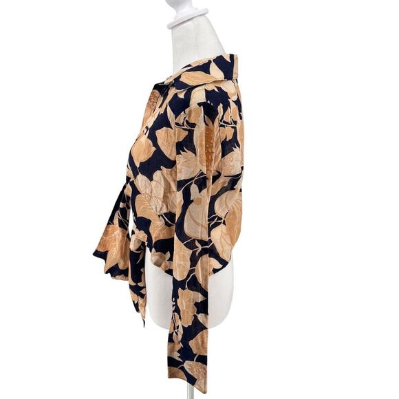 REISS Floral Tie Waist Blouse Navy Gold Large Print Size 2 EUC Linen Blend - Picture 11 of 11